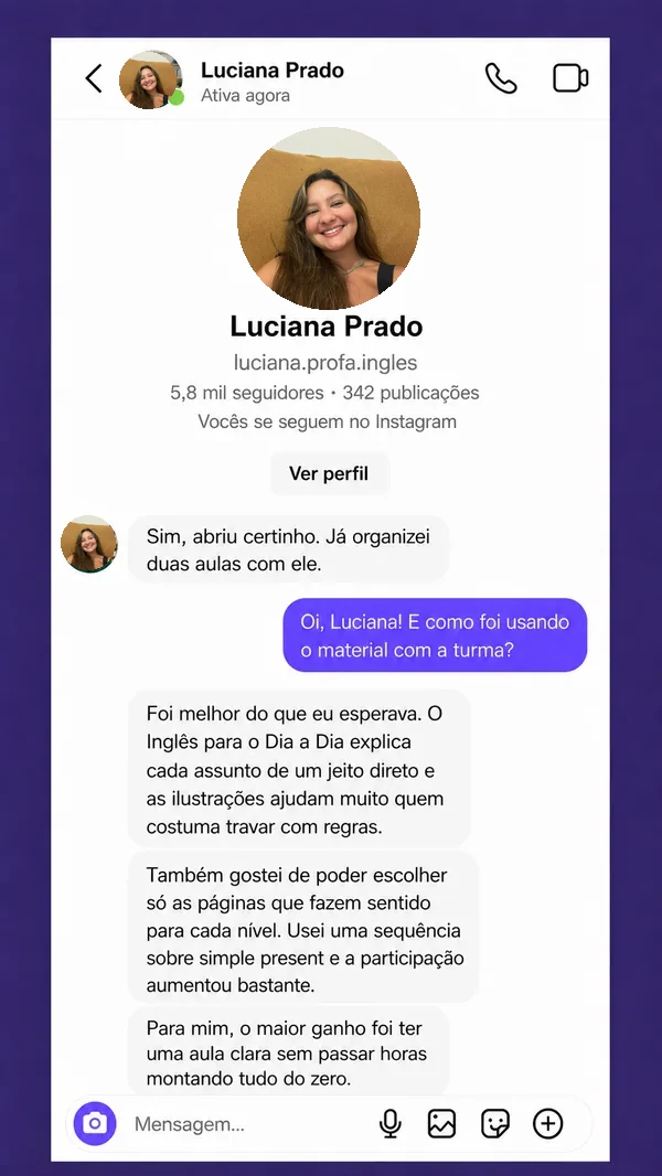 Depoimento em comentários de professores sobre Inglês para o Dia a Dia
